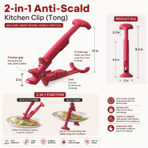 Simplify hot dish handling in your kitchen with the 2 in 1 Anti Scald Kitchen Clip Tong. Engineered to solve the daily hassle of removing piping hot bowls, plates, and pots from steamers, air fryers, and microwaves, this multi-functional heat-resistant tool acts as both an ergonomic plate retriever and a heavy-duty kitchen gripper tong. Constructed from food-grade stainless steel with non-slip silicone pads, it ensures a firm, slip-free grip on glassware, ceramics, and metal pans at any angle without scratching surfaces or burning your hands.